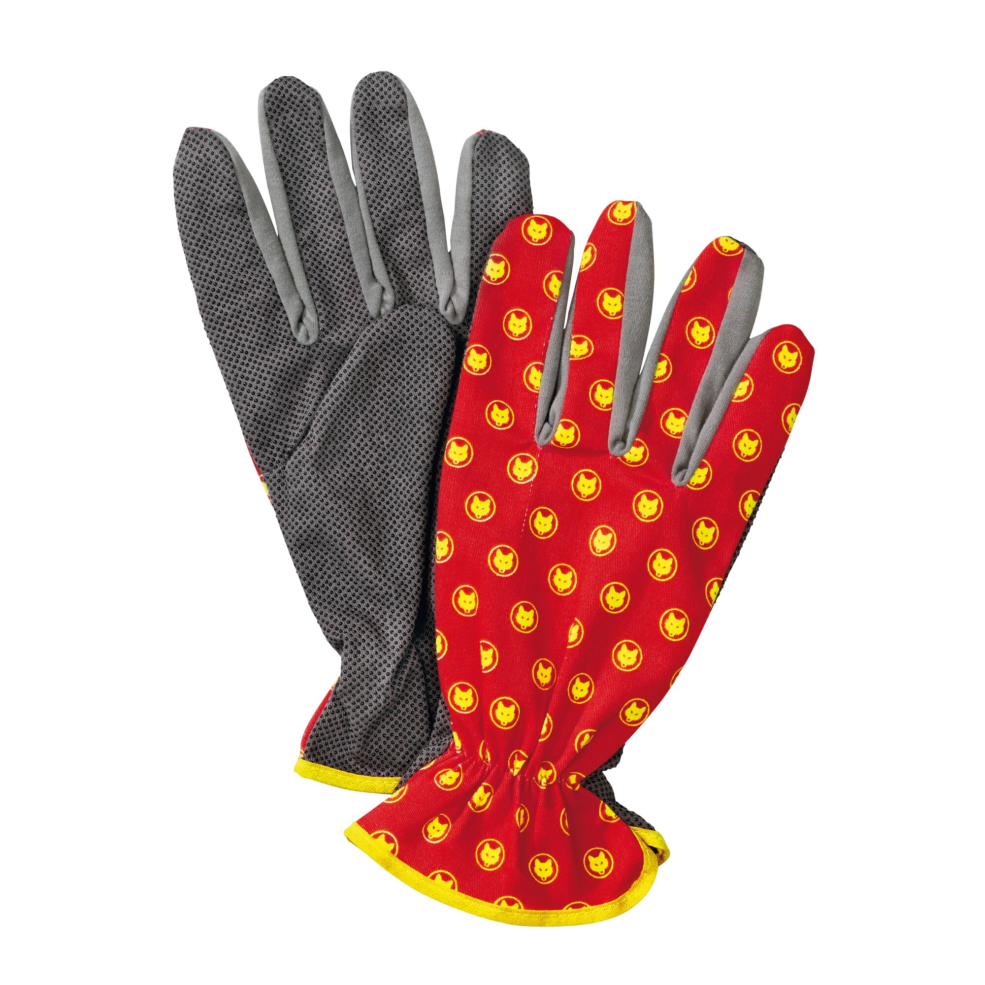 A pair of gardening gloves. One glove is red with yellow cat face patterns and yellow trim, while the other glove is gray and textured.