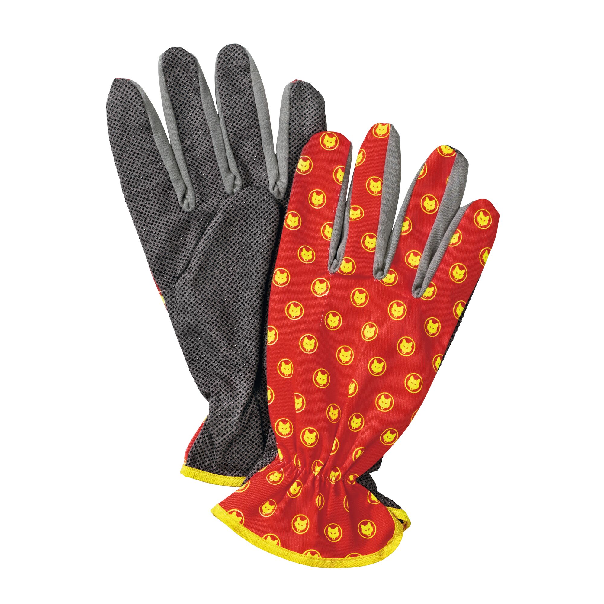 A pair of gardening gloves, one with a black textured surface and the other with a red and yellow cat-face pattern, featuring yellow trim.