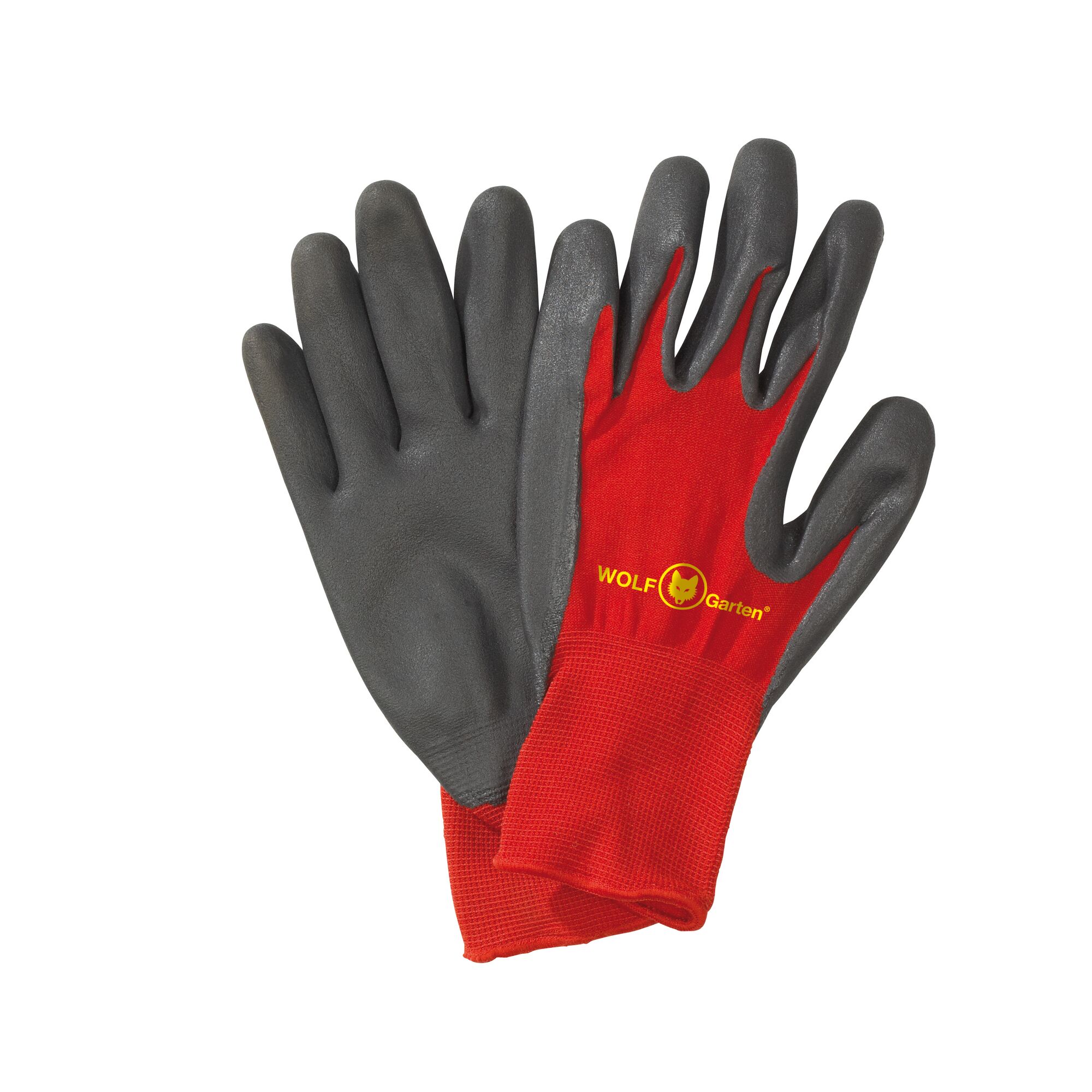 A pair of gardening gloves with black rubber-coated fingers and palms, and red fabric backs featuring the WOLF Garten logo.