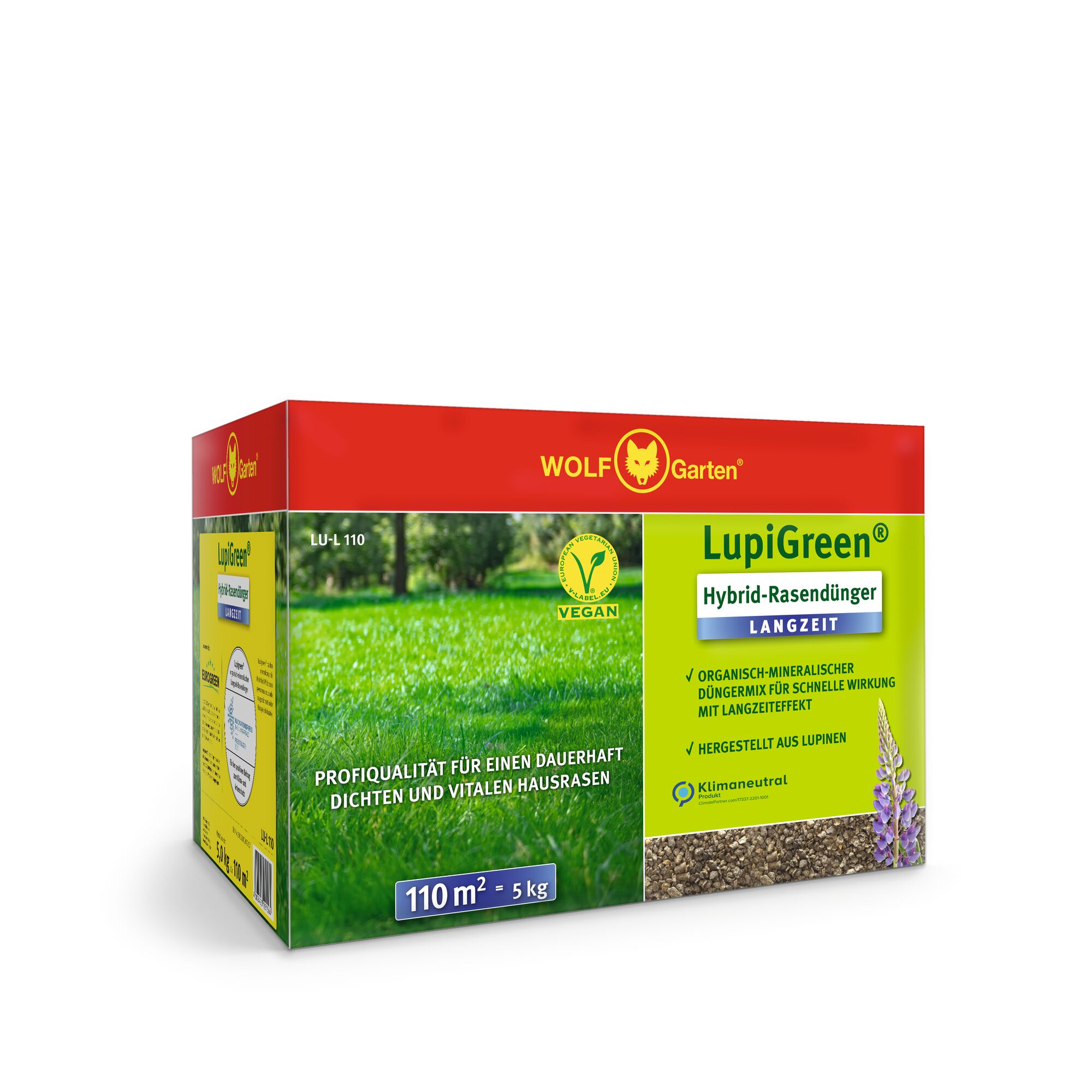 A box of WOLF Garten LupiGreen Hybrid Lawn Fertilizer, featuring a red and yellow design with green grass images. The product is vegan, climate neutral, and suitable for 110 m² lawns. The packaging highlights professional quality for dense and vital lawns and is made from lupins.