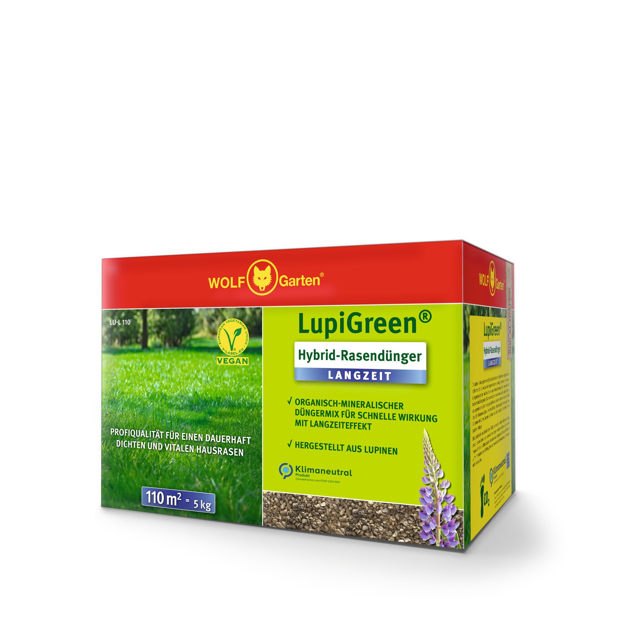 A box of WOLF Garten LupiGreen Hybrid Lawn Fertilizer. The packaging is mainly red and yellow, with green accents. It features the WOLF Garten logo, images of grass, and a lupine flower. The box specifies that the fertilizer is vegan, climate-neutral, suitable for 110 m², and weighs 5 kg. It is described as an organic-mineral mix for lasting lawn vitality.