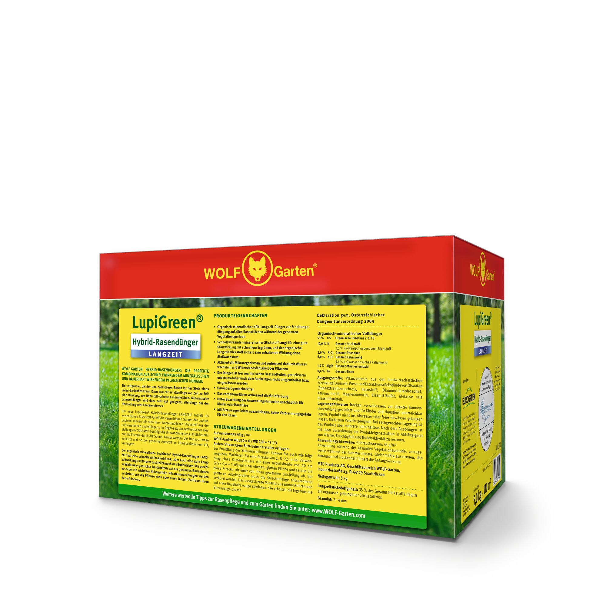 WOLFGarten LupiGreen Hybrid Lawn Fertilizer long-term box, featuring a red, yellow and green packaging design with product information, instructions and branding visible on the sides.