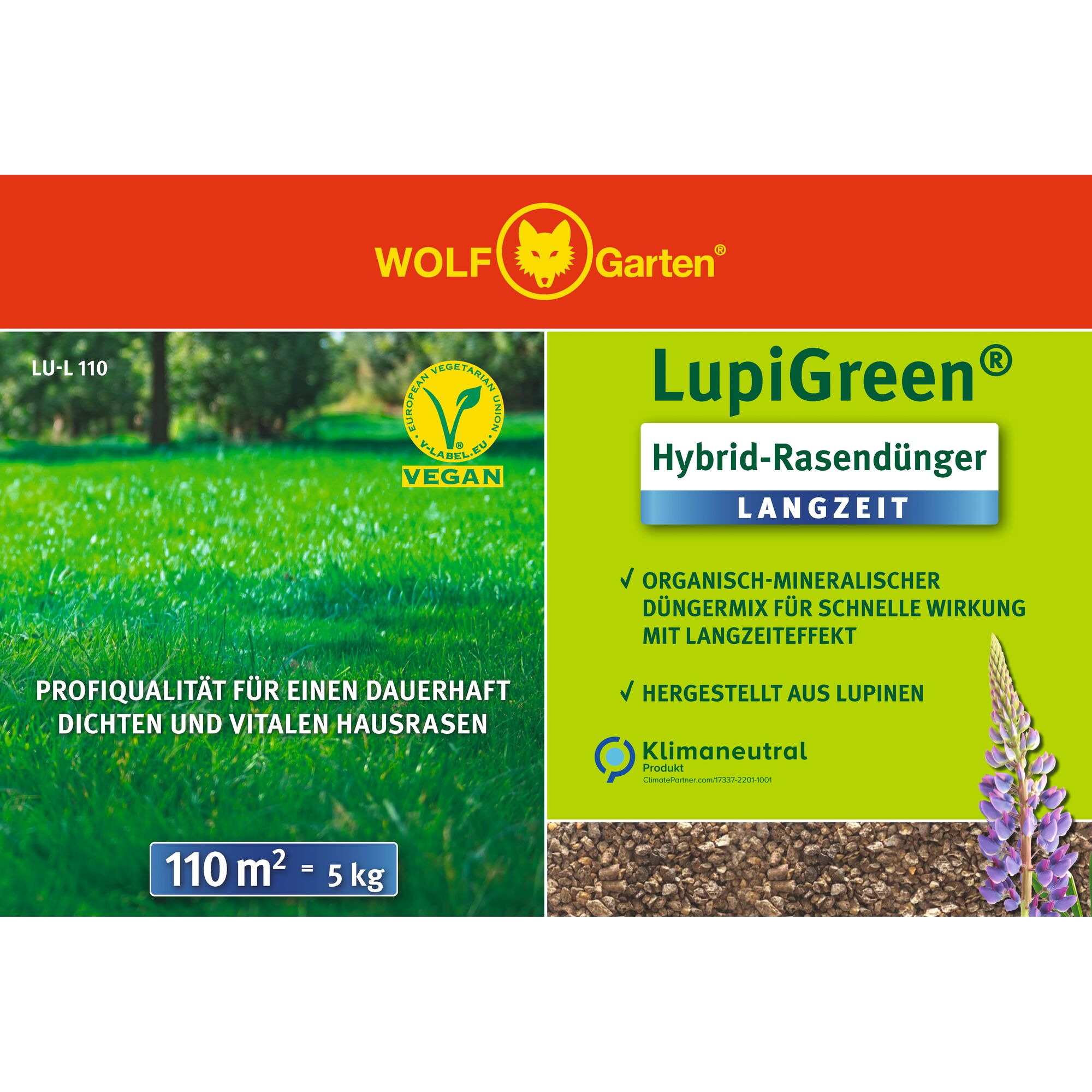 Packaging of WOLF Garten LupiGreen Hybrid Lawn Fertilizer, showing a green lawn, vegan label, and details about product features including long-term effect, organic-mineral mix, lupine-based ingredients, climate-neutral certification, covers 110 square meters with 5 kg.