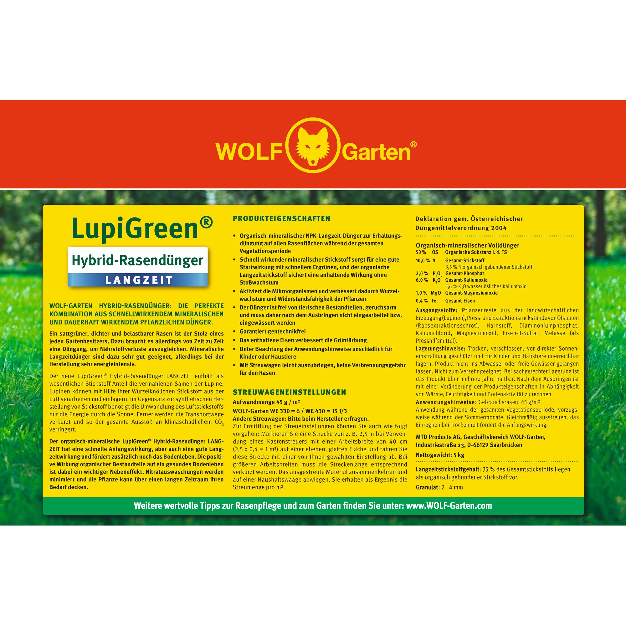 Product label for WOLF-Garten LupiGreen Hybrid Lawn Fertilizer. The packaging is predominantly yellow and green with the WOLF-Garten logo at the top. The label describes the long-acting NP-K organic-mineral hybrid fertilizer, product features, application settings, and composition according to Austrian fertilizer regulations. Instructions and benefits are detailed on the label in German.