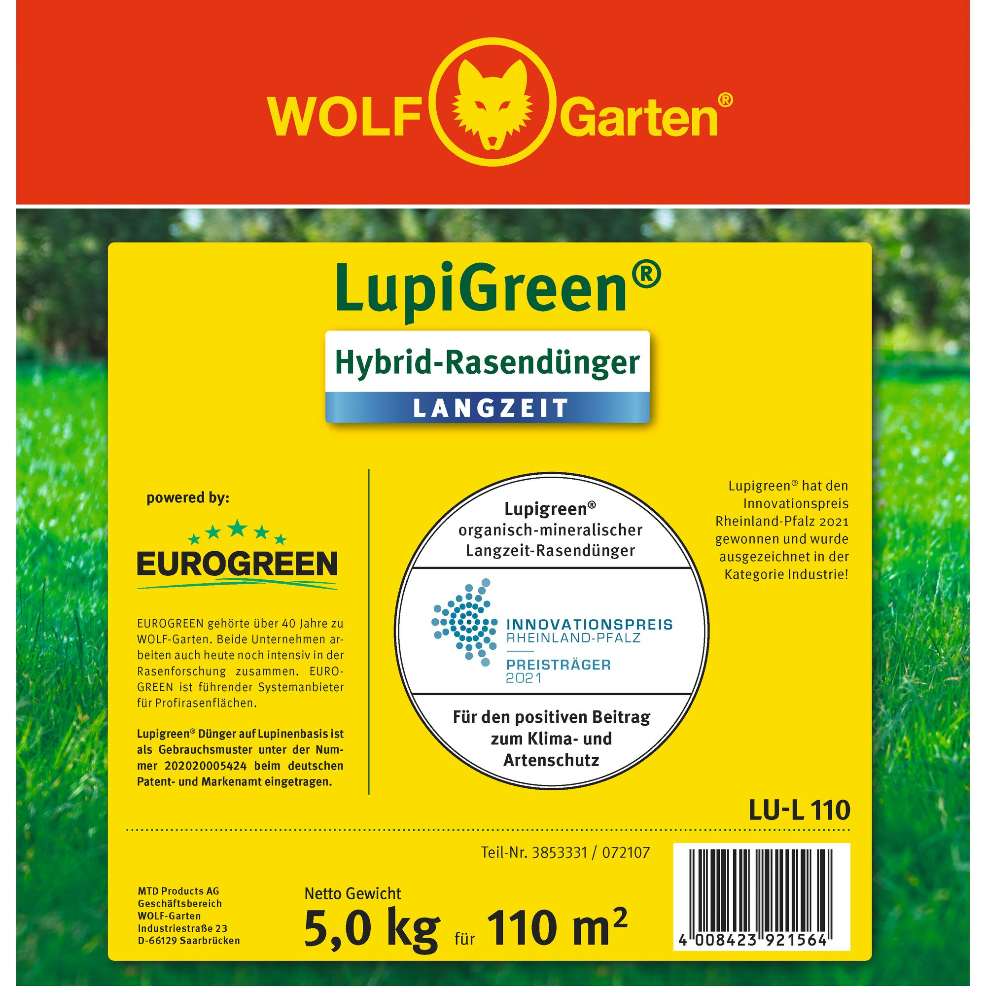 Front packaging of WOLFGarten LupiGreen Hybrid Lawn Fertilizer, 5kg, for 110m², featuring award details, organic-mineral description, EUROGREEN partnership, and yellow background with grass imagery.