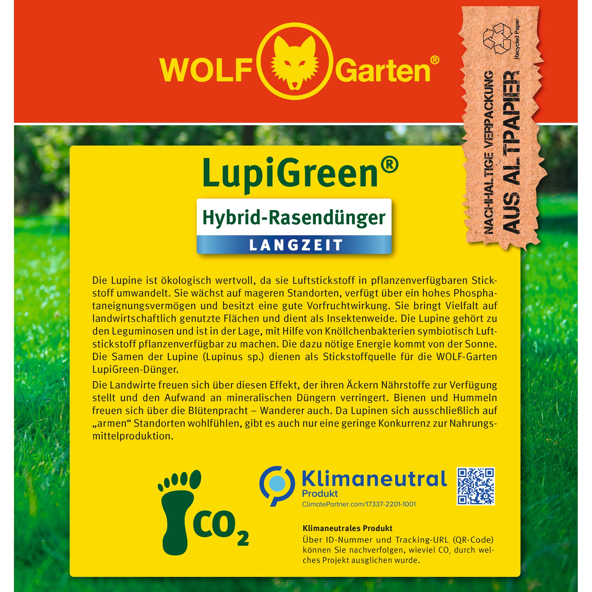 Product packaging for WOLF Garten LupiGreen Hybrid Lawn Fertilizer (Long-Term). The packaging is mostly yellow and green and includes information about the ecological benefits of lupine for soil enrichment, climate-neutral product status, and sustainable paper packaging. The package features the WOLF Garten logo, text about the fertilizer's long-lasting effect, and logos for low CO2 and climate neutrality.
