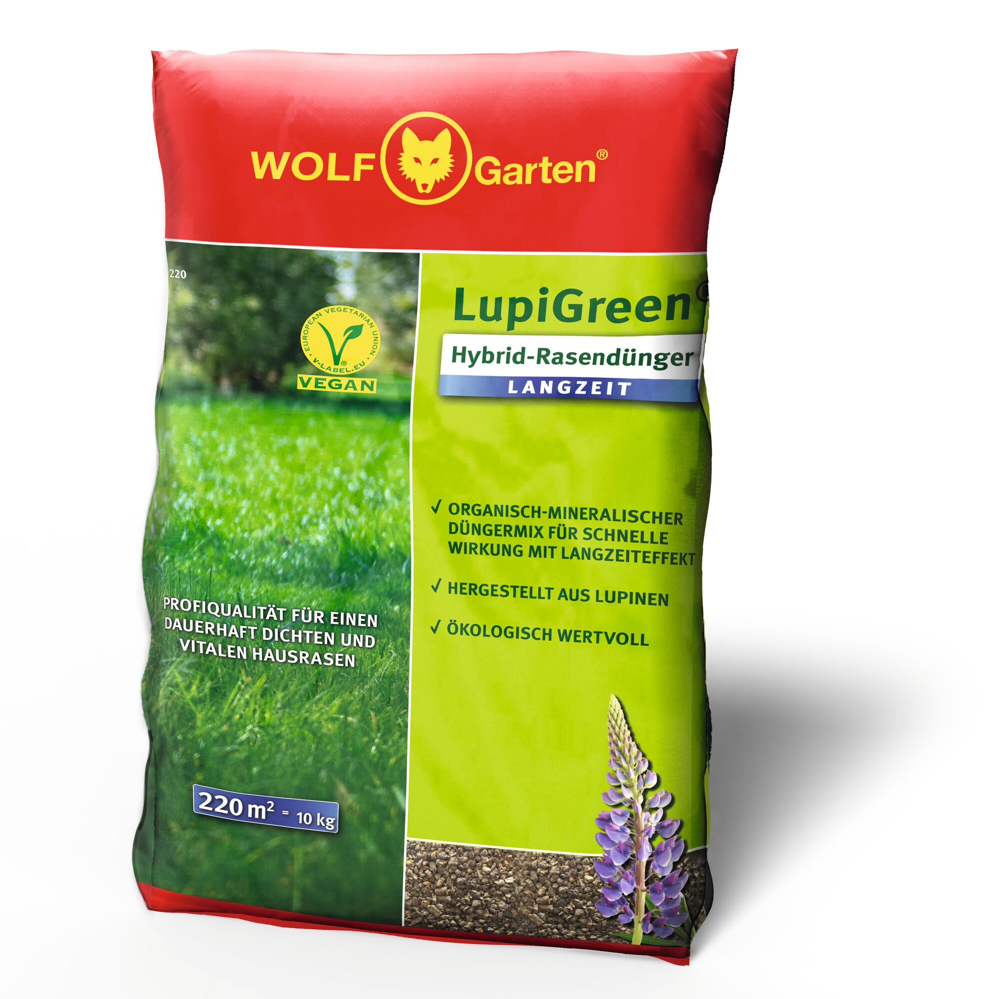 A bag of WOLF Garten LupiGreen Hybrid Lawn Fertilizer for long-term use. The packaging is red and green with product information, including being vegan and made with lupins. It covers 220 m² and weighs 10 kg.