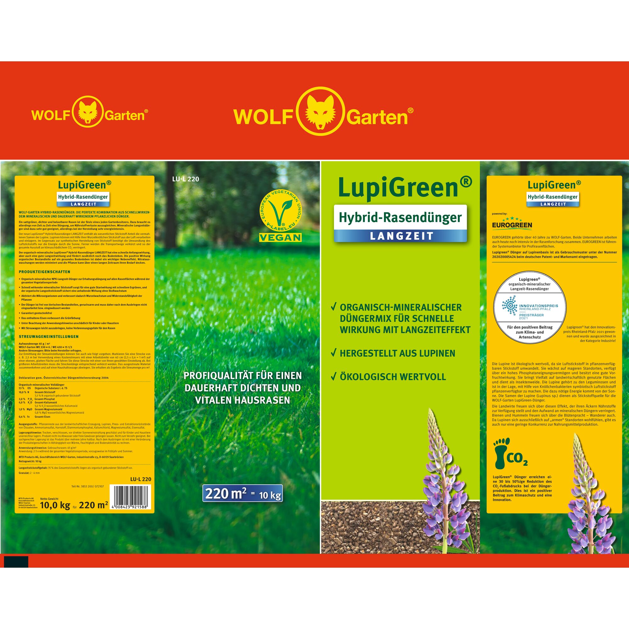 Packaging of WOLF-Garten LupiGreen hybrid lawn fertilizer for long-term use. The package displays the brand name, a vegan label, product information, and features such as organic-mineral mix, made from lupines, and ecological value. There is an image of lupines and a grassy lawn. The package is for 220 m² and weighs 10 kg.