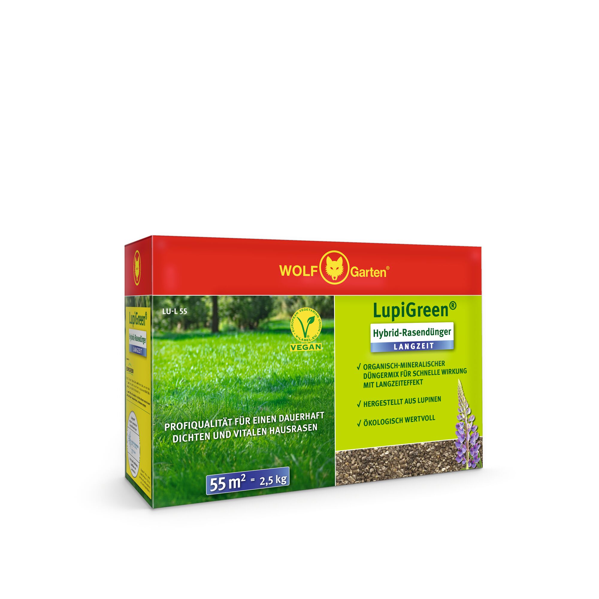 A box of WOLF-Garten LupiGreen Hybrid Lawn Fertilizer, featuring a red and yellow design. The box displays a vivid green lawn, a vegan certification symbol, product information, and coverage details (55 m², 2.5 kg).