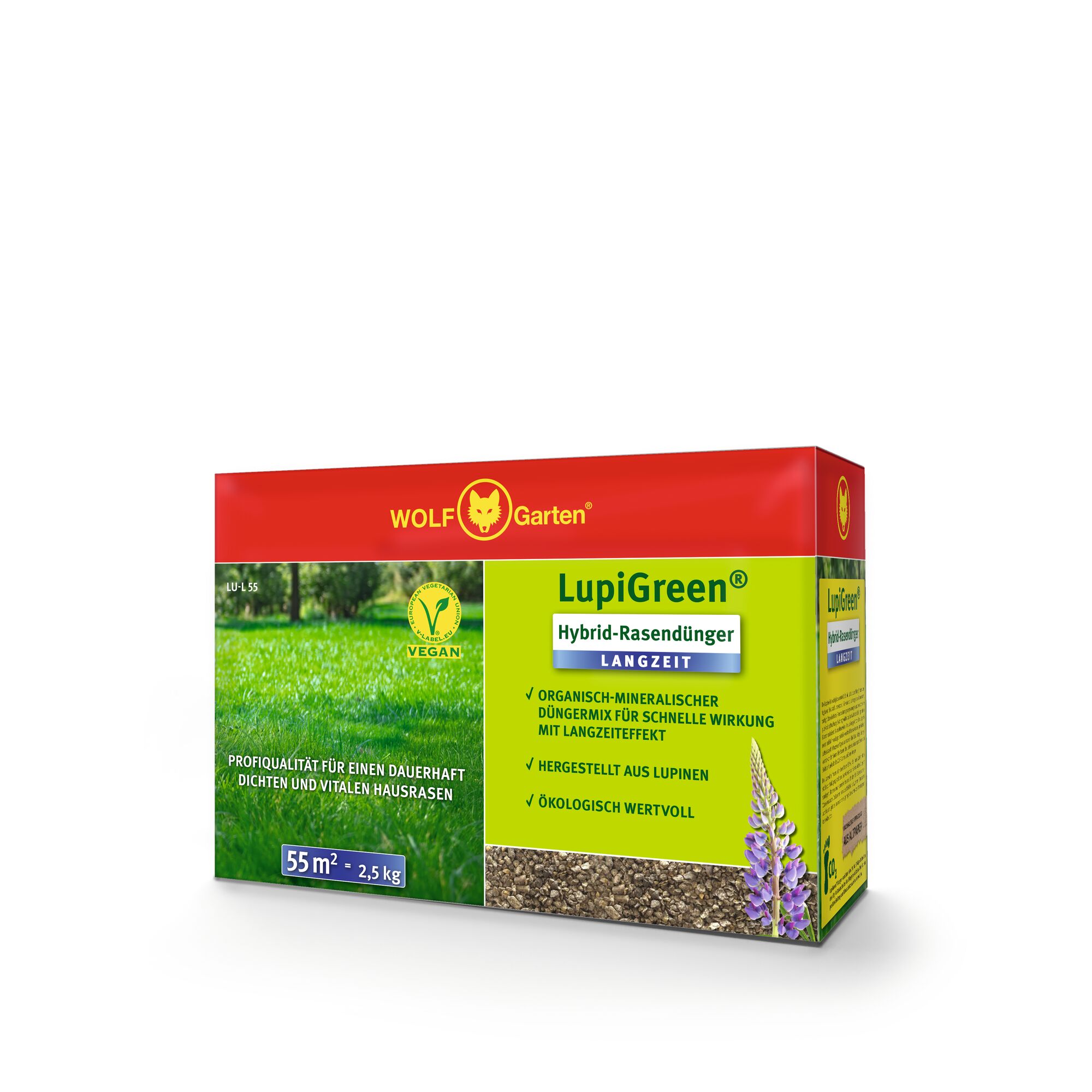 A box of WOLF-Garten LupiGreen Hybrid lawn fertilizer, labeled as vegan with organic-mineral mix for long-lasting effects, suitable for 55 square meters and weighing 2.5 kg. The packaging is red and green and features a lupine flower illustration.