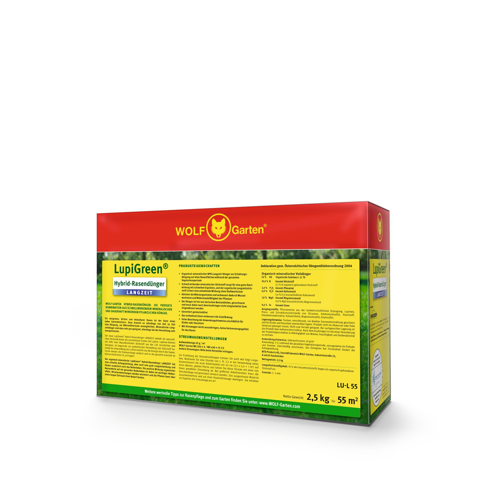 A box of WOLF-Garten LupiGreen Hybrid Lawn Fertilizer, labeled as a long-lasting fertilizer for lawns. The packaging is predominantly red and yellow with product information and usage instructions printed on the side. The box is marked with a weight of 2.5 kg for coverage of up to 55 square meters.