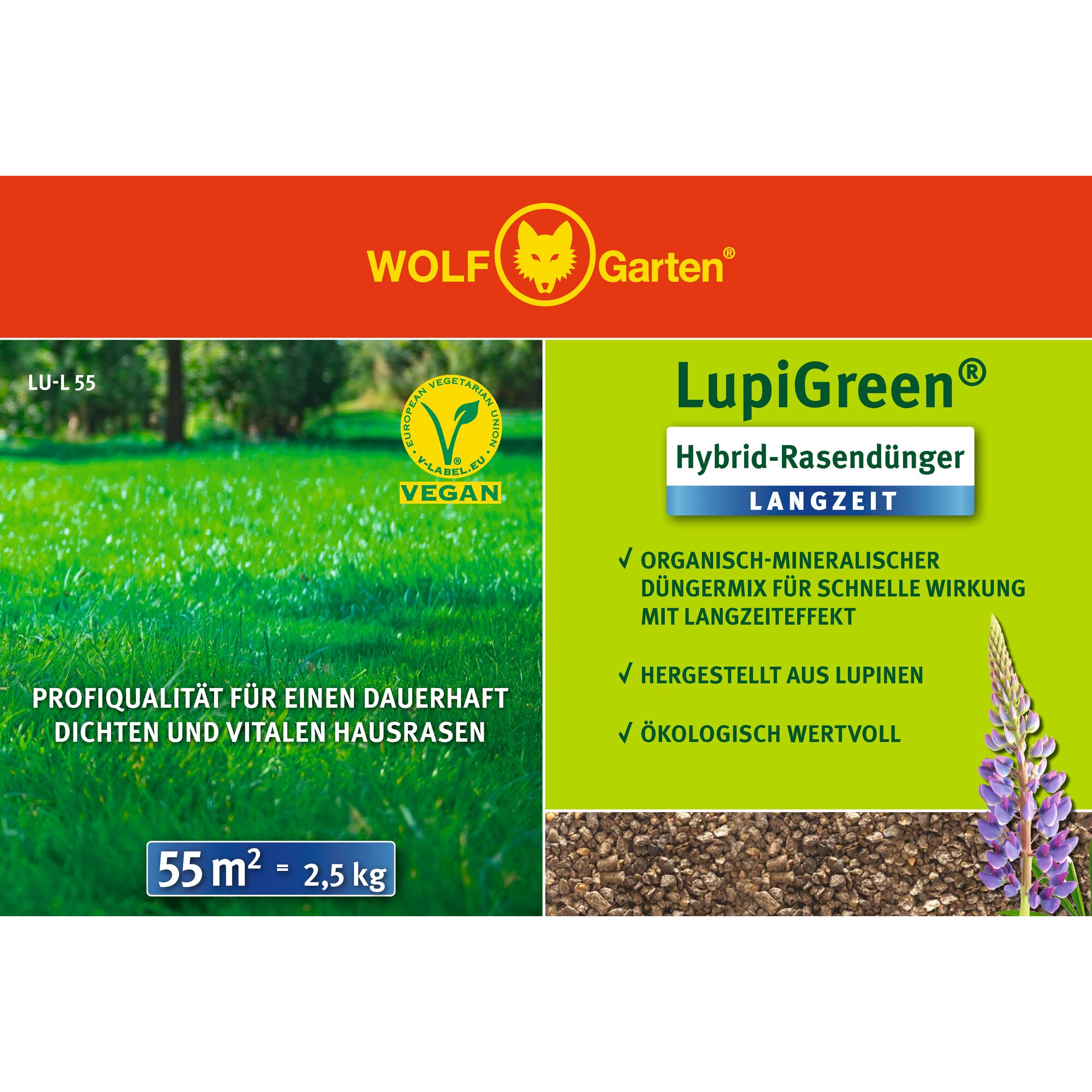 Front label of a WOLFGarten LupiGreen Hybrid Lawn Fertilizer package, featuring text about vegan quality, organic-mineral fertilizer mix, long-lasting effect, made from lupins, ecological value, and coverage of 55 square meters (2.5 kg). The design includes an image of dense green lawn, a lupin flower, and certification logos.