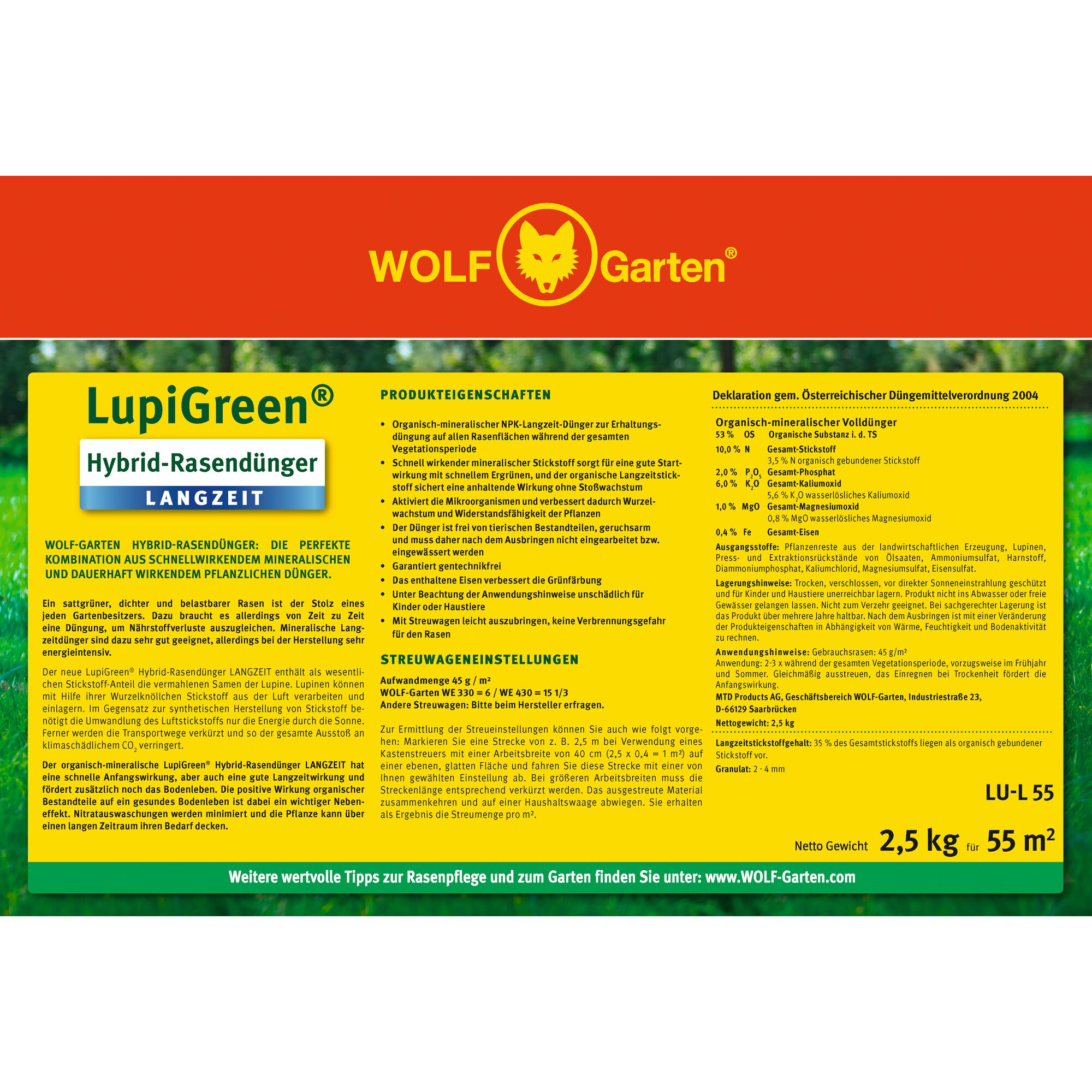 Image of a WOLF-Garten product package for 'LupiGreen Hybrid-Rasendünger LANGZEIT.' The bag provides long-lasting hybrid lawn fertilizer combining fast-acting minerals and durable plant nutrients. The package is yellow and green with the WOLF-Garten logo at the top, detailed product features and instructions in German, and a net weight of 2.5 kg for 55 m² printed in the lower right corner.