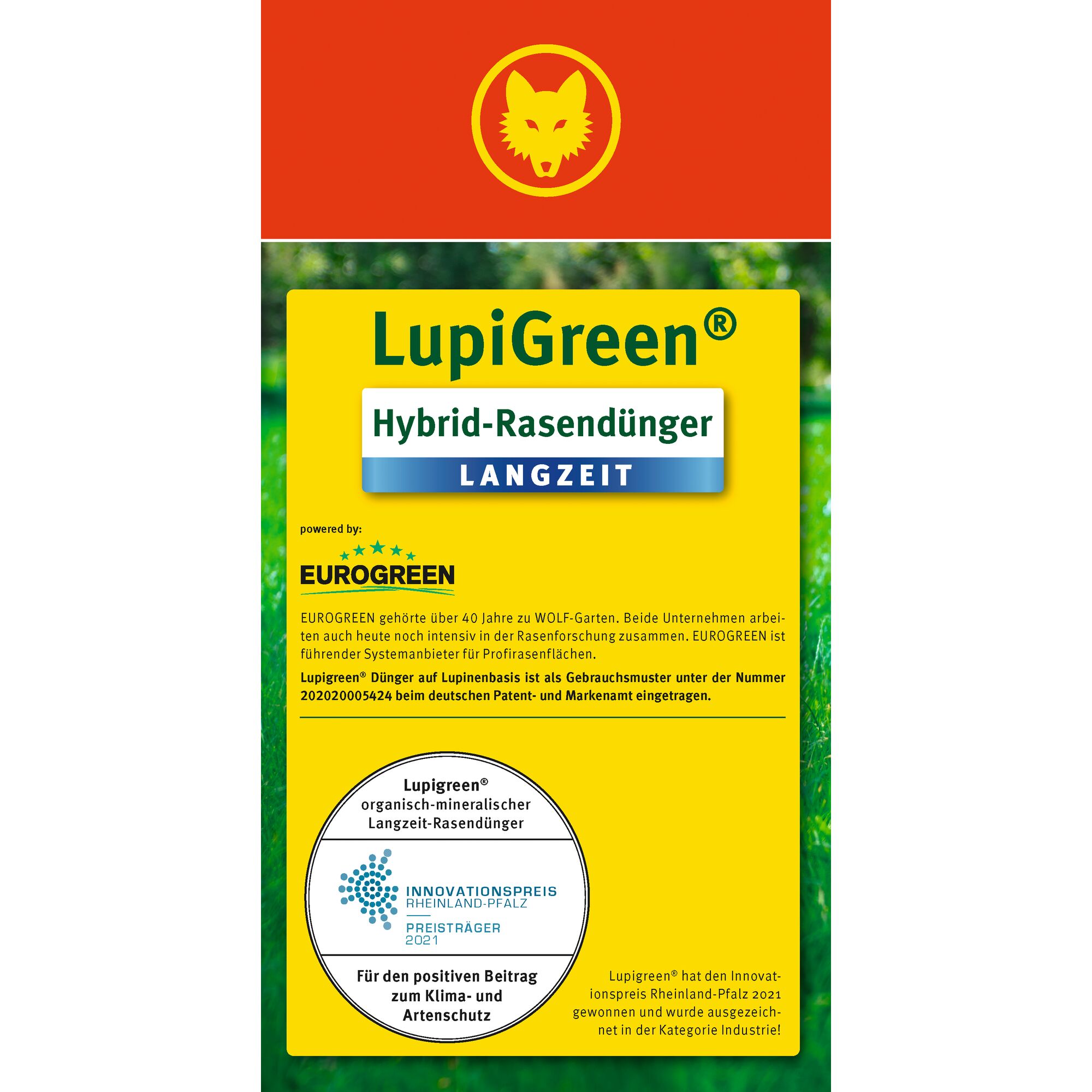 Product packaging for WOLFGarten LupiGreen hybrid lawn fertilizer. The packaging features a red section at the top with a wolf logo, a yellow section with the name LupiGreen, and information about it being a long-lasting hybrid lawn fertilizer powered by Eurogreen. The package mentions its award for innovation and highlights environmental benefits.