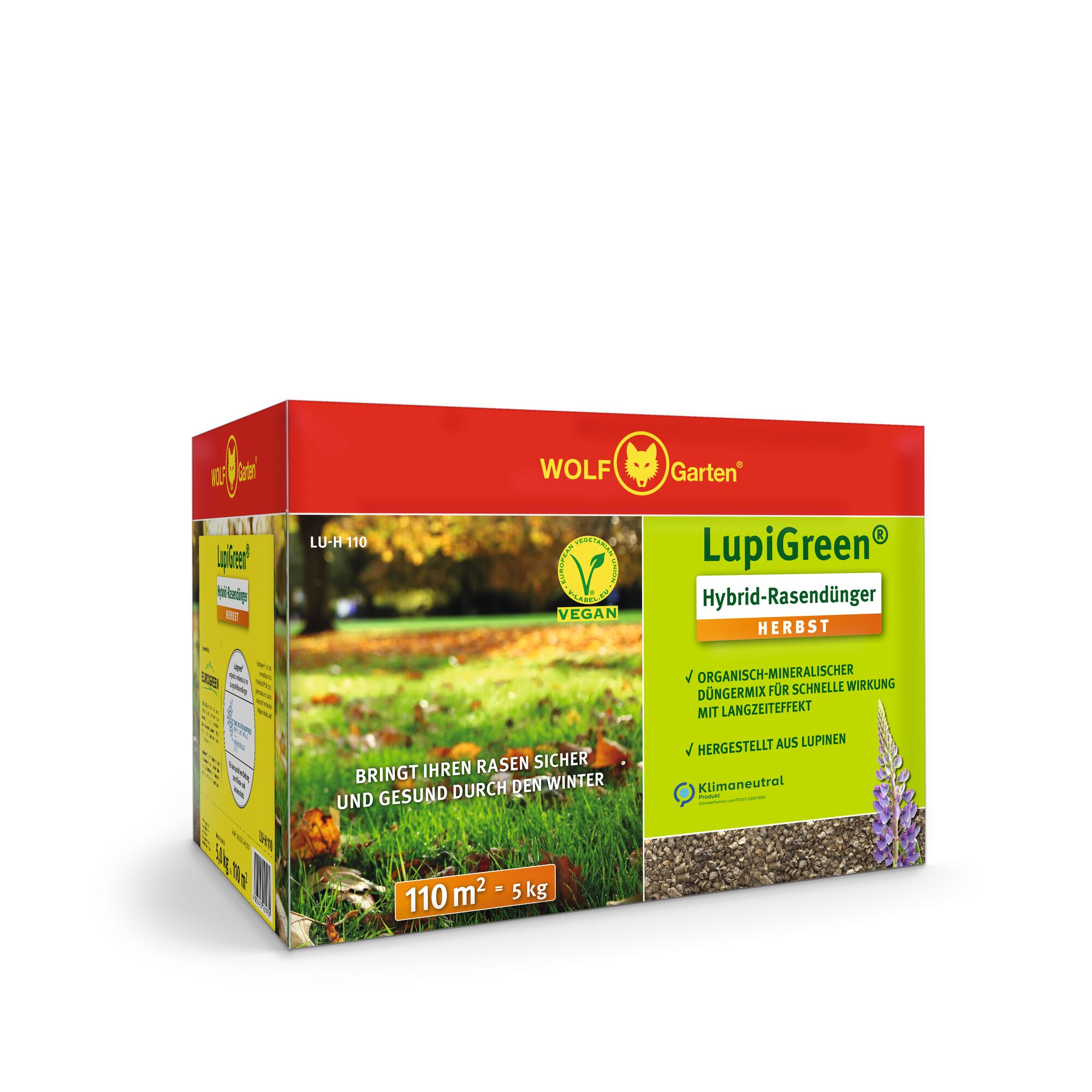 A box of WOLF Garten LupiGreen Hybrid lawn fertilizer for autumn, labeled vegan and climate-neutral, covering 110 square meters and weighing 5 kilograms. The packaging features autumn lawn imagery and information on organic-mineral ingredients.