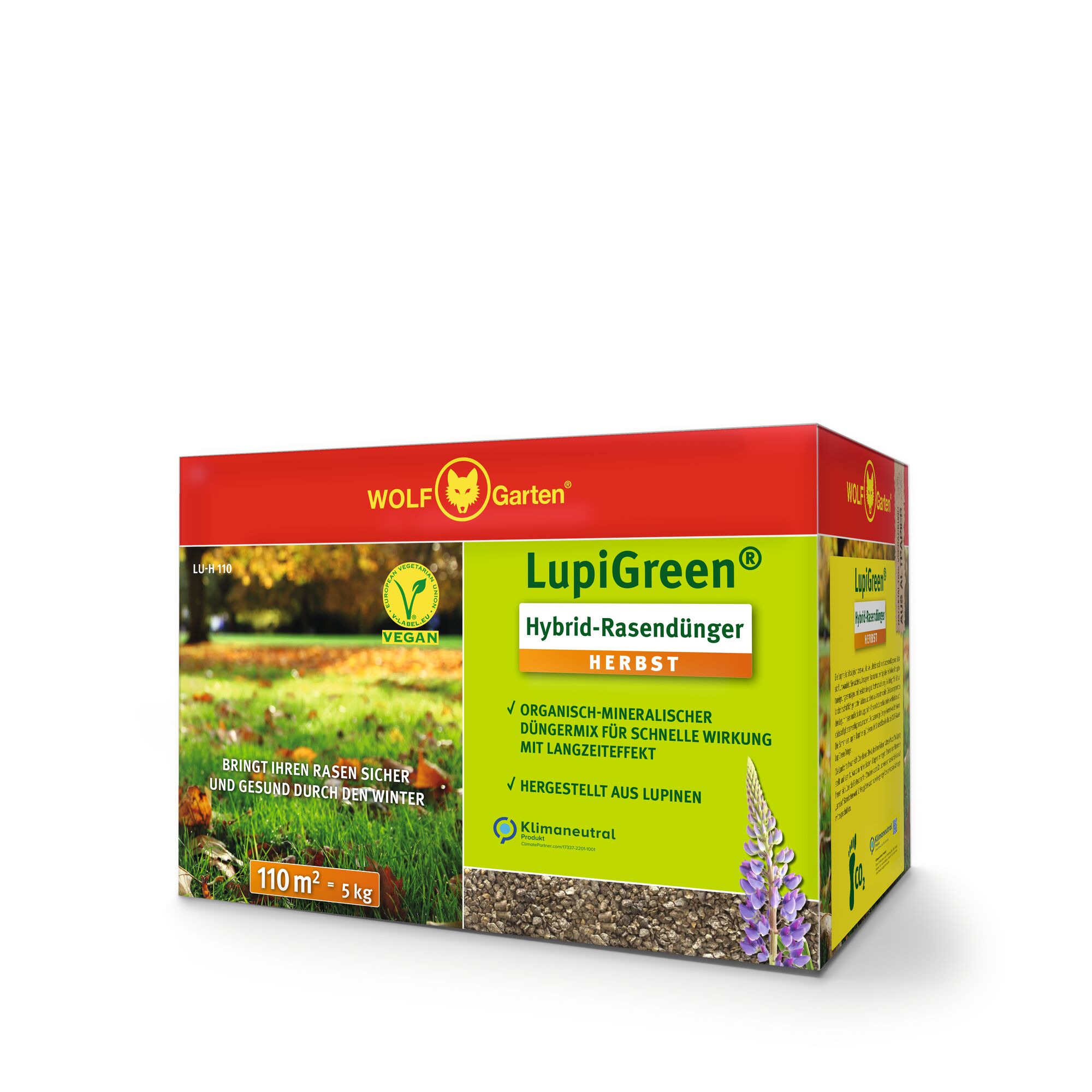 Box of WOLF Garten LupiGreen Hybrid Lawn Fertilizer for autumn, with a red and green design showing product information and a vegan symbol, suitable for up to 110 m² (5 kg), and highlighting its organic-mineral composition made from lupins.