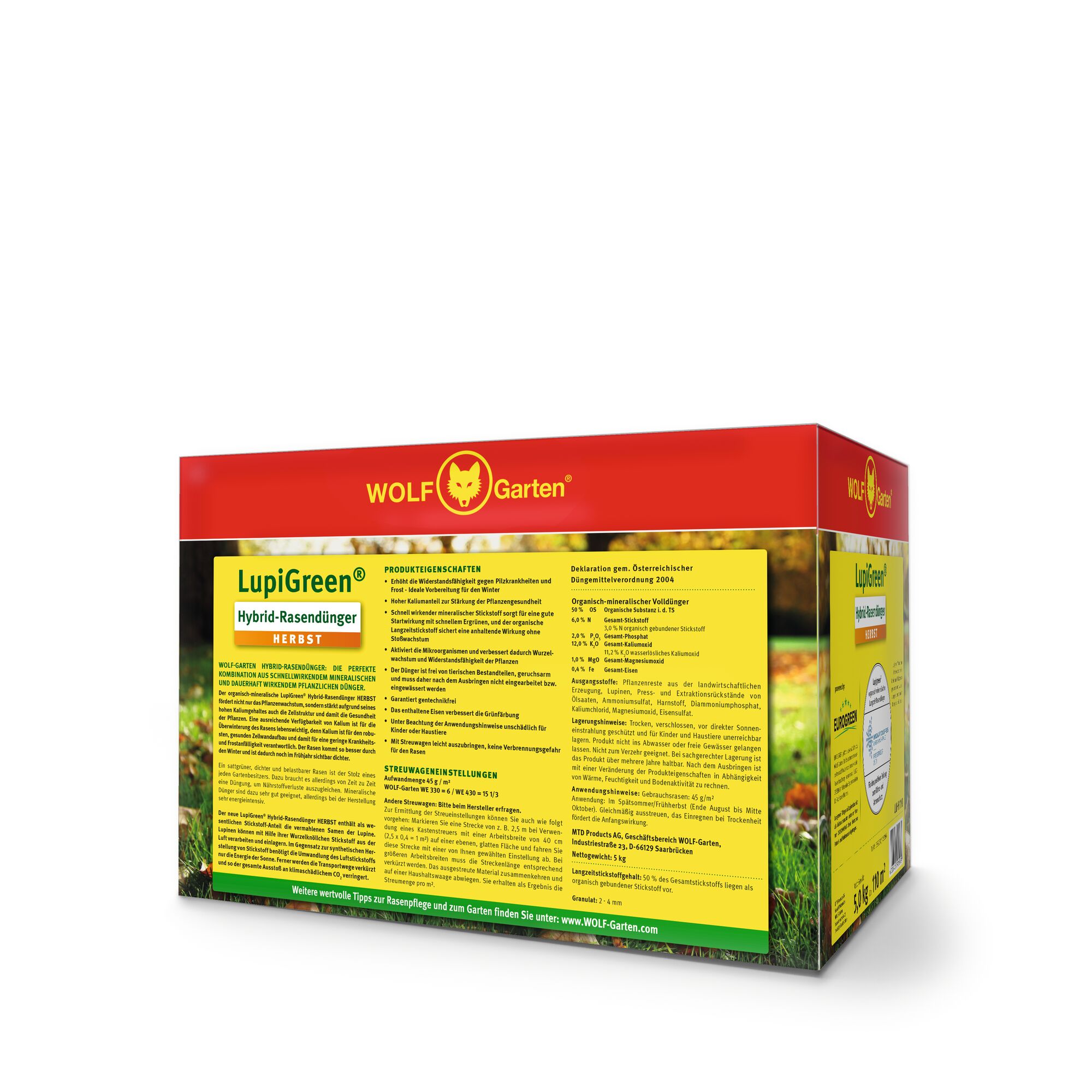Packaging of WOLF Garten LupiGreen Hybrid Rasendünger Herbst, an autumn lawn fertilizer, featuring a yellow and red box with product information and branding.