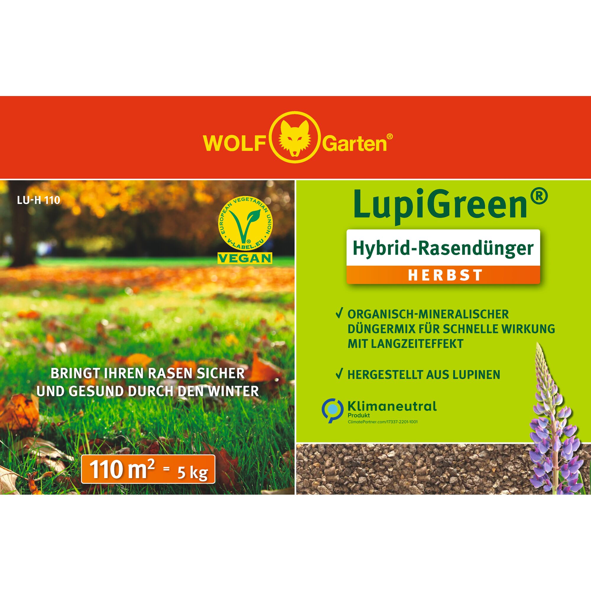 Packaging of WOLF-Garten LupiGreen Hybrid Lawn Fertilizer for autumn, showing product details in German, vegan certification, area coverage of 110 m² with 5 kg, images of a green lawn and lupine flowers, and climate-neutral marking.