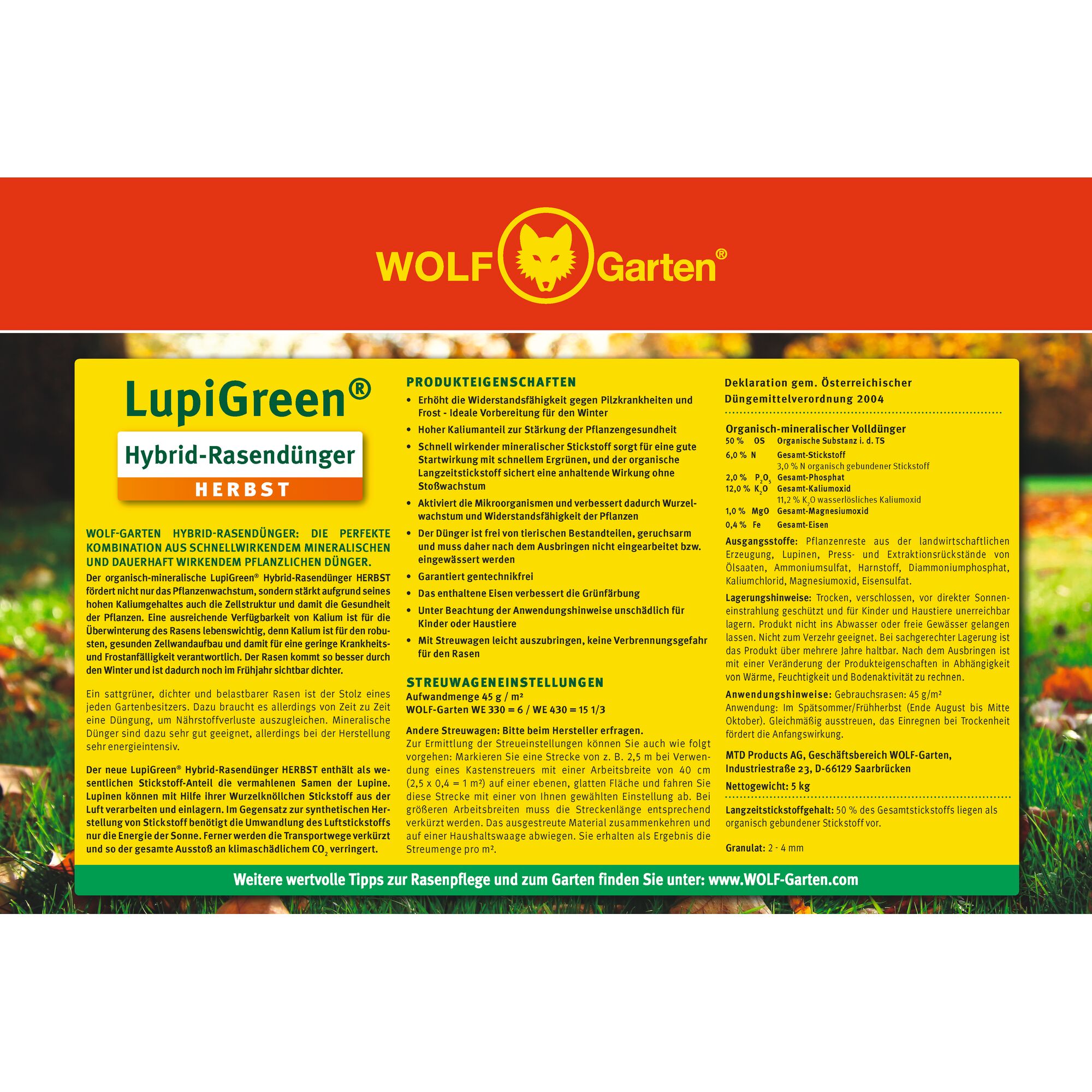 Product label for WOLF-Garten LupiGreen Hybrid Lawn Fertilizer Autumn variant. The label explains features such as enhanced resistance against fungal diseases and frost, high potassium content for plant health, quick-release and long-lasting organic mineral nitrogen, and application instructions. The label includes usage details, ingredients, and granular size. The label is mainly yellow and red, with WOLF-Garten branding and a LupiGreen logo.