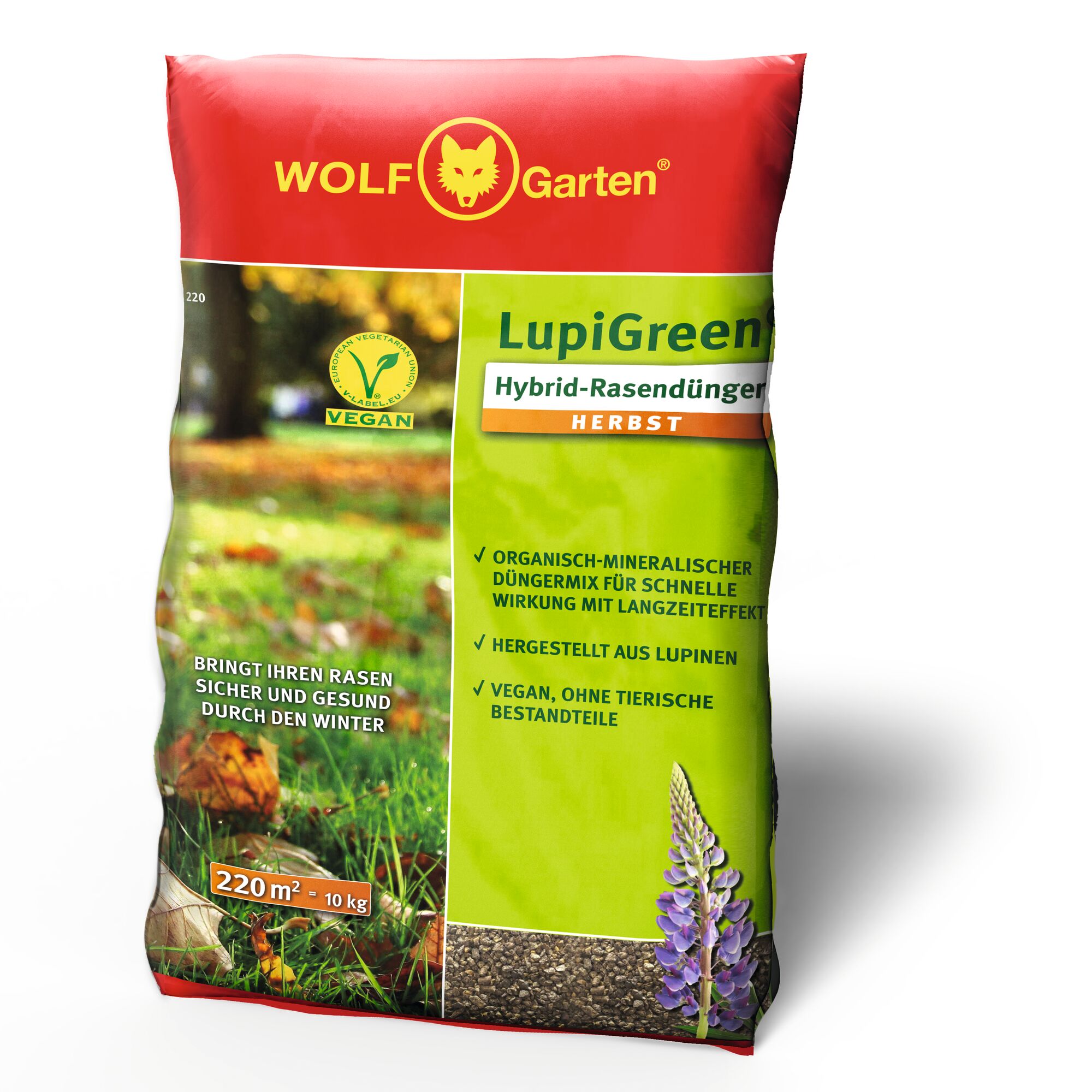 A bag of WOLF Garten LupiGreen Hybrid Lawn Fertilizer for autumn, featuring vegan and lupin-based organic-mineral fertilizer. The bag is red and green with product information in German, and includes a photo of a lawn with autumn leaves and a lupin flower.