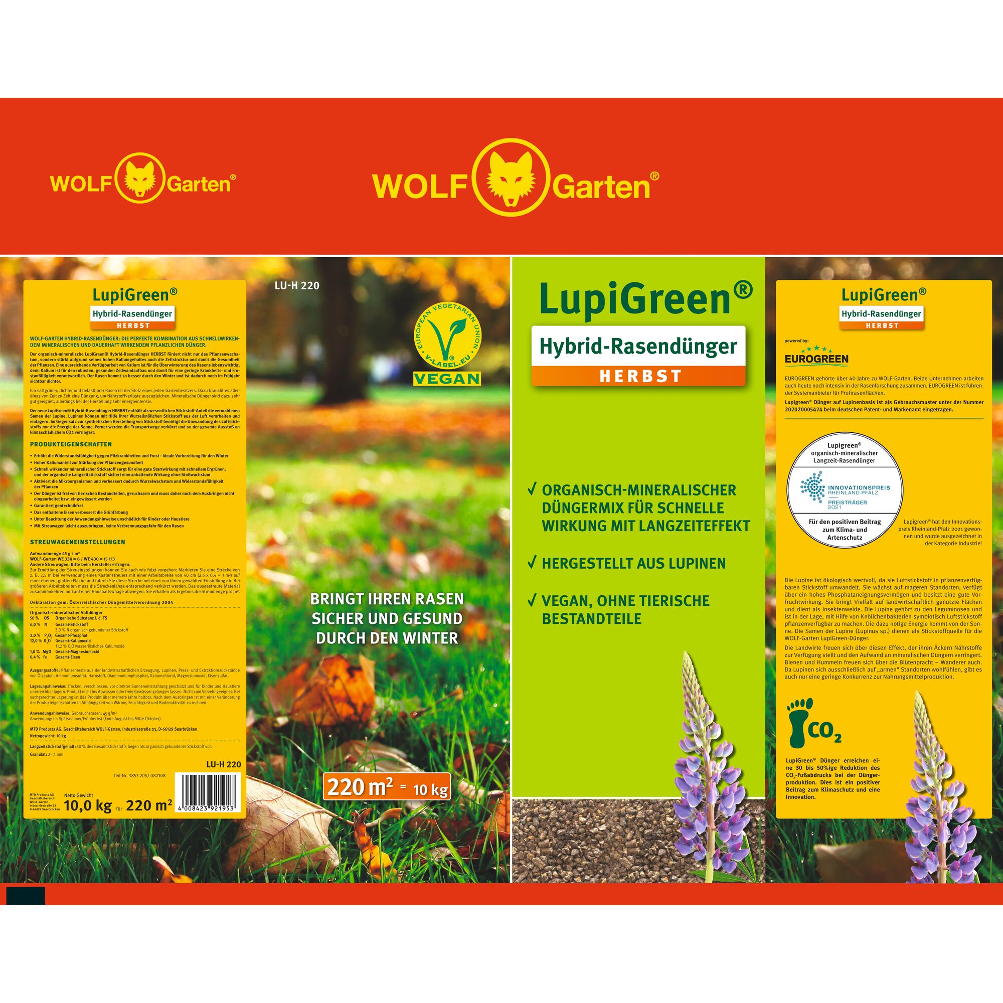 Product packaging for WOLF-Garten LupiGreen Hybrid Lawn Fertilizer Herbst. The packaging features a mix of green and orange colors with the WOLF-Garten logo and a vegan certification symbol. It describes the product as an organic-mineral fertilizer mix for quick action and long-lasting effects, made from lupins and containing no animal ingredients. The package indicates the coverage area (220 m²) and the weight (10 kg), with information about its environmentally friendly CO2 footprint and autumn application.